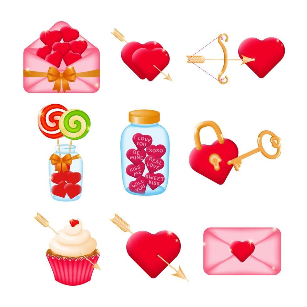 impostato di 3d icone per san valentino giorno su un' bianca sfondo. cuore amore simboli, amore Messaggio, rosso cuore serratura con chiave, amorini arco e freccia, vaso di cuori. vettore illustrazione.