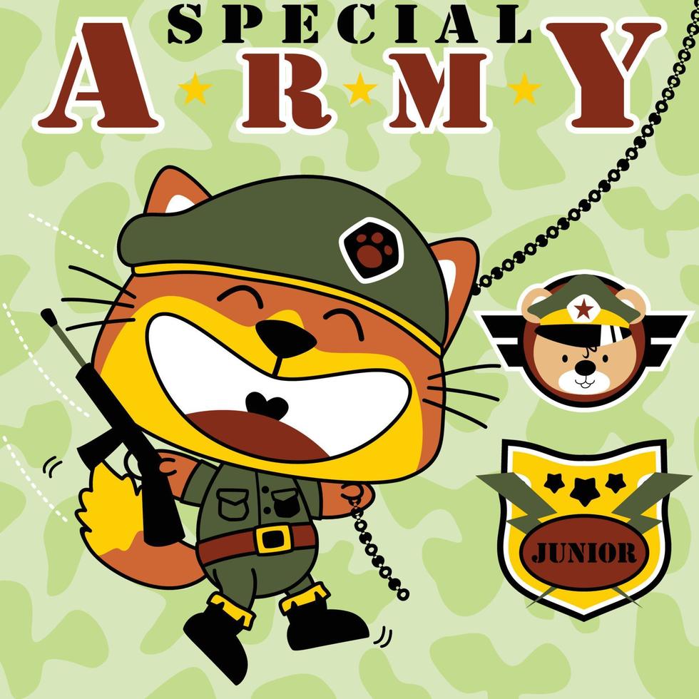 poco Volpe nel militare uniforme con orso testa e militare logo, vettore cartone animato illustrazione
