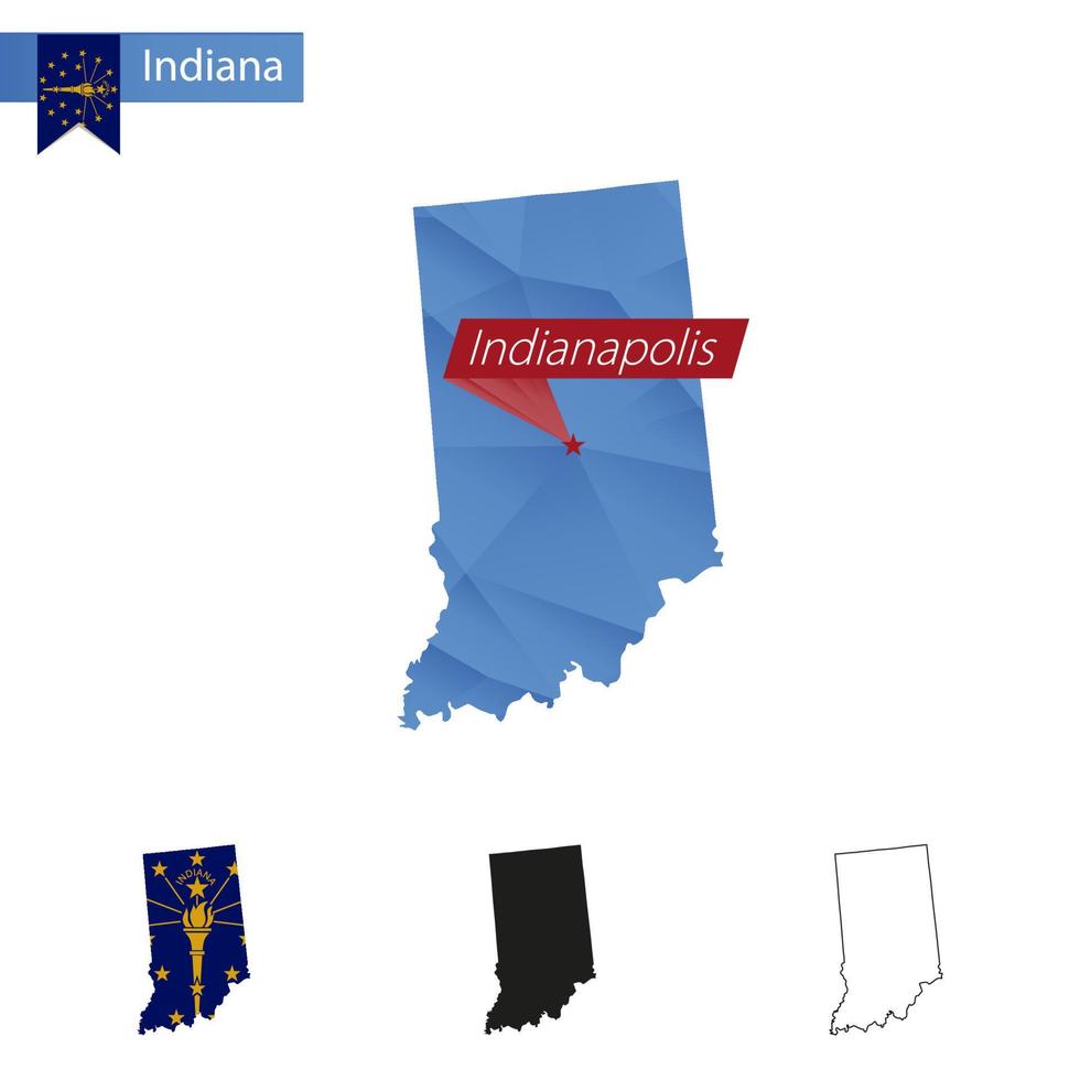 stato di Indiana blu Basso poli carta geografica con capitale Indianapolis. vettore