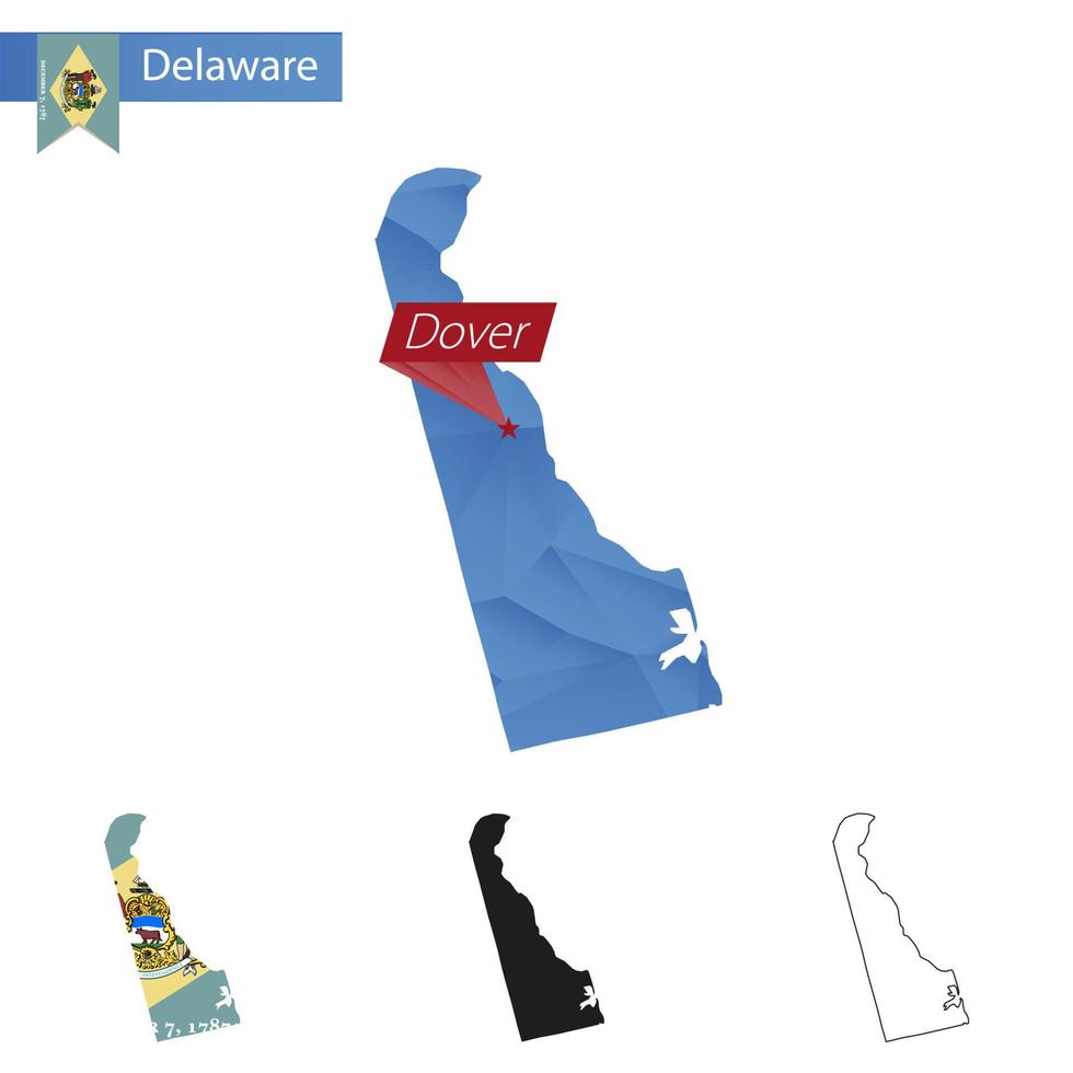 stato di Delaware blu Basso poli carta geografica con capitale dover. vettore