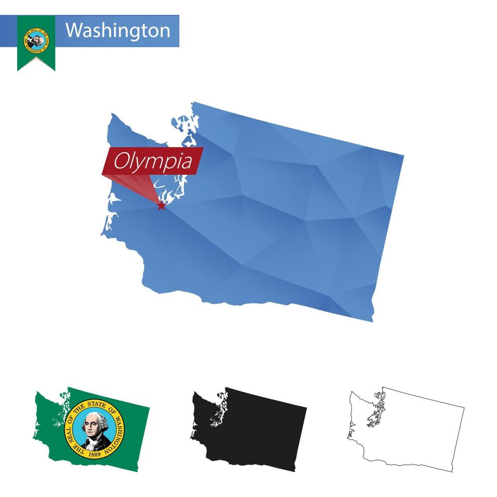 stato di Washington blu Basso poli carta geografica con capitale olimpia. vettore