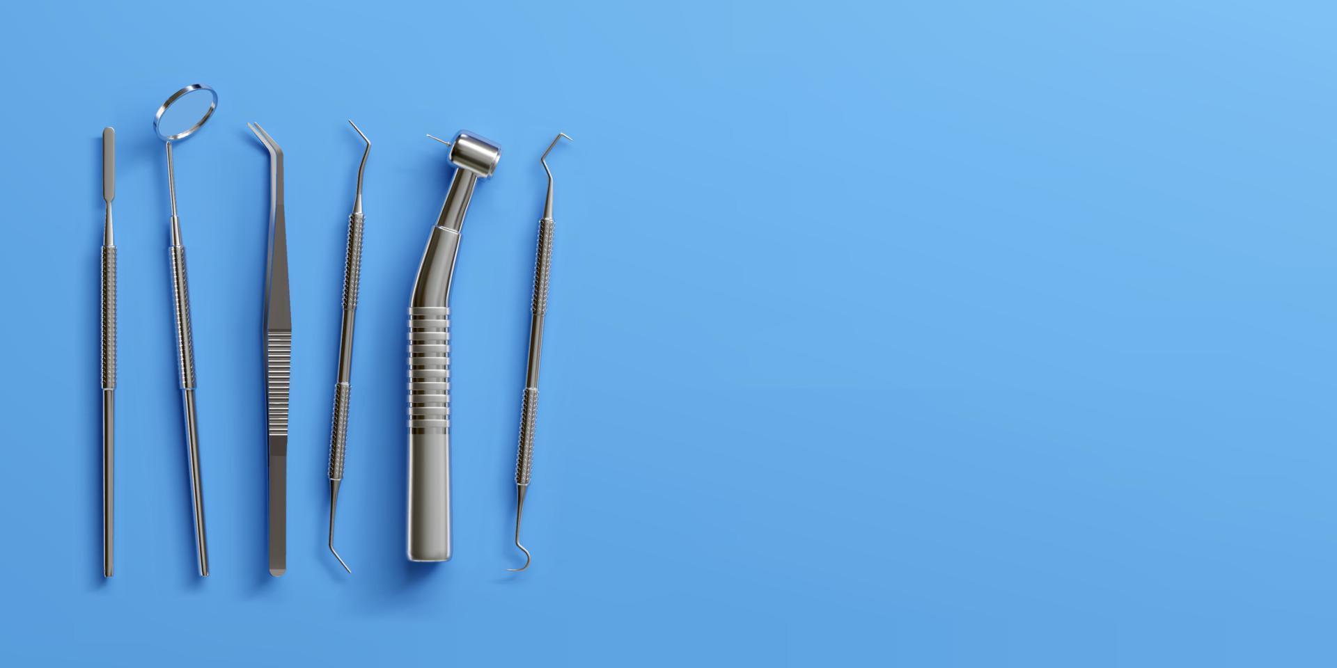 3d realistico professionale dentale utensili impostato per odontoiatria ispezione. denti cura, Salute concetto. di base metallo medico attrezzatura, strumento superiore Visualizza. vettore illustrazione isolato su blu sfondo