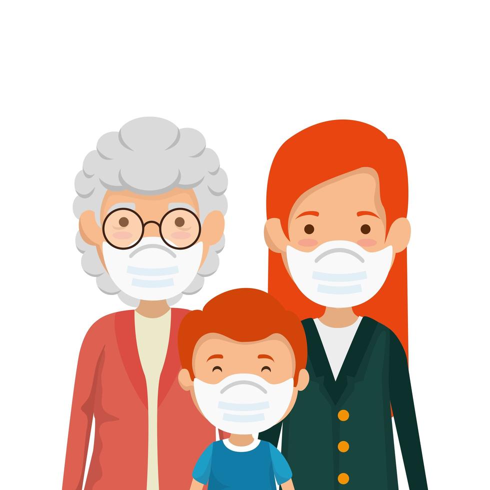 madre con la nonna e il figlio utilizzando la maschera per il viso vettore