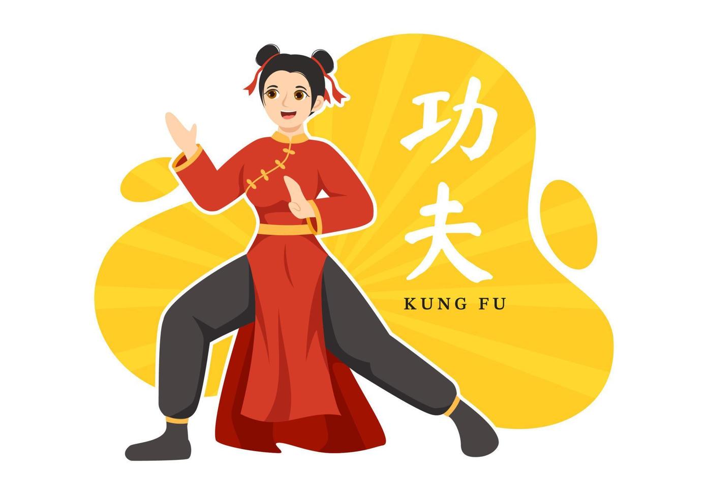 kung fu illustrazione con persone mostrando Cinese sport marziale arte nel piatto cartone animato mano disegnato per ragnatela bandiera o atterraggio pagina modelli vettore