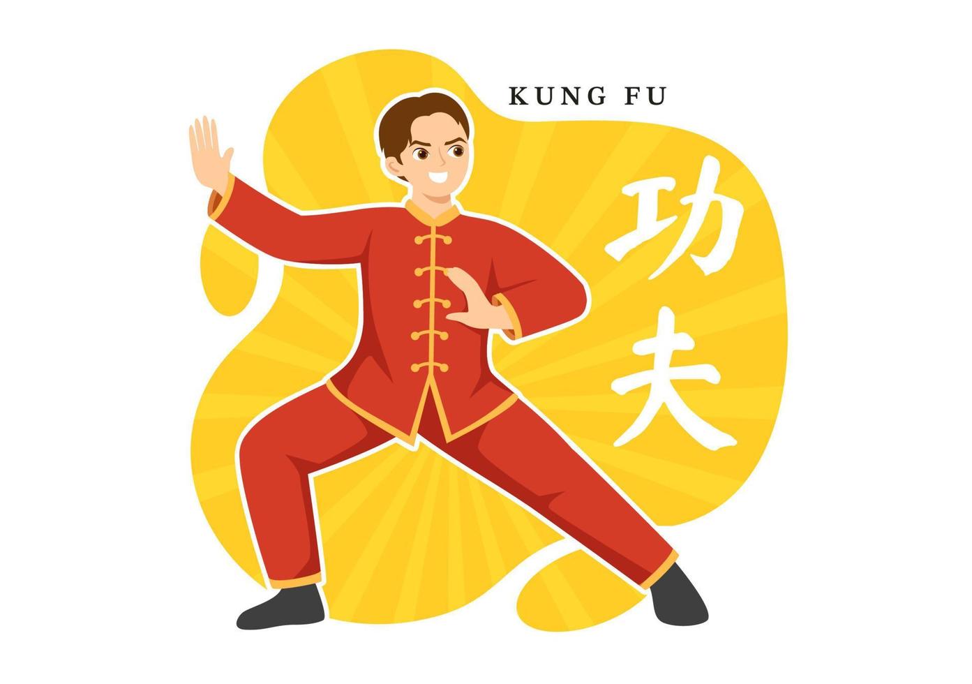 kung fu illustrazione con persone mostrando Cinese sport marziale arte nel piatto cartone animato mano disegnato per ragnatela bandiera o atterraggio pagina modelli vettore