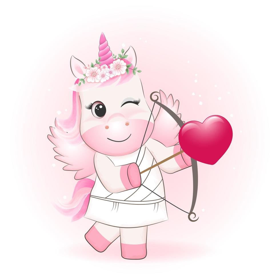 piccolo cupido unicorno e cuore vettore