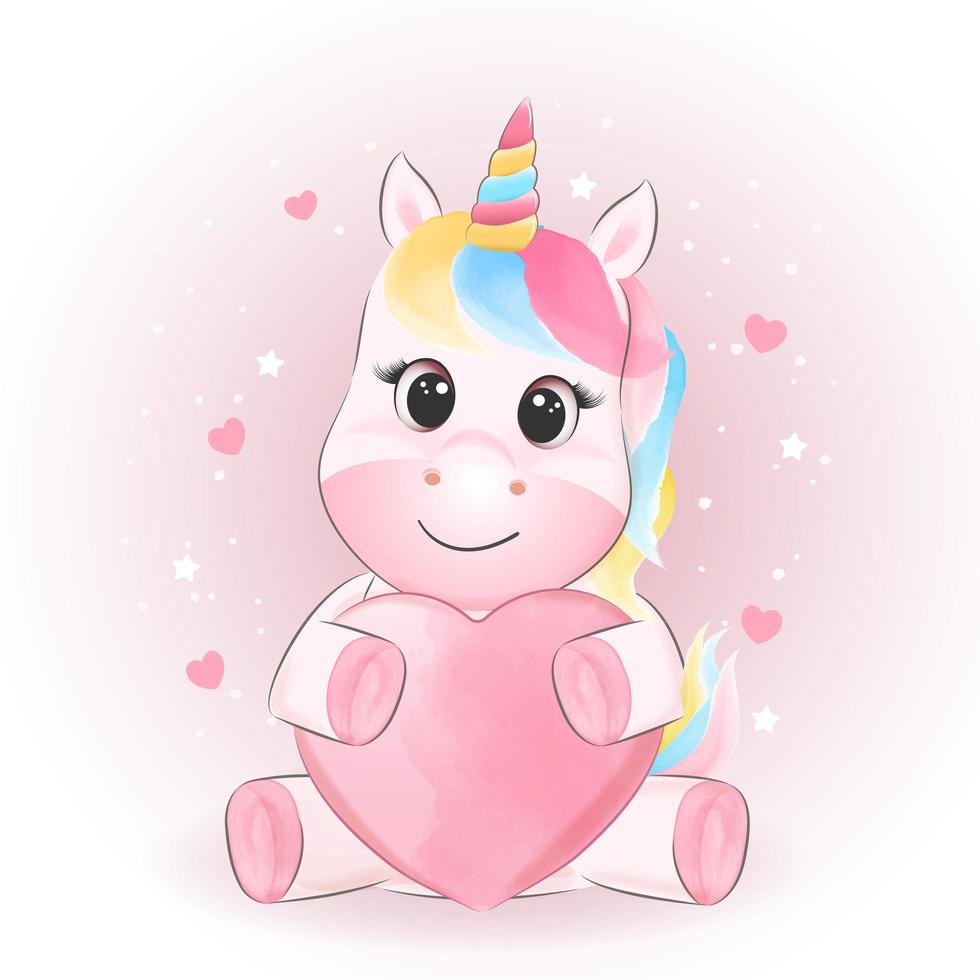 unicorno carino e cuore vettore