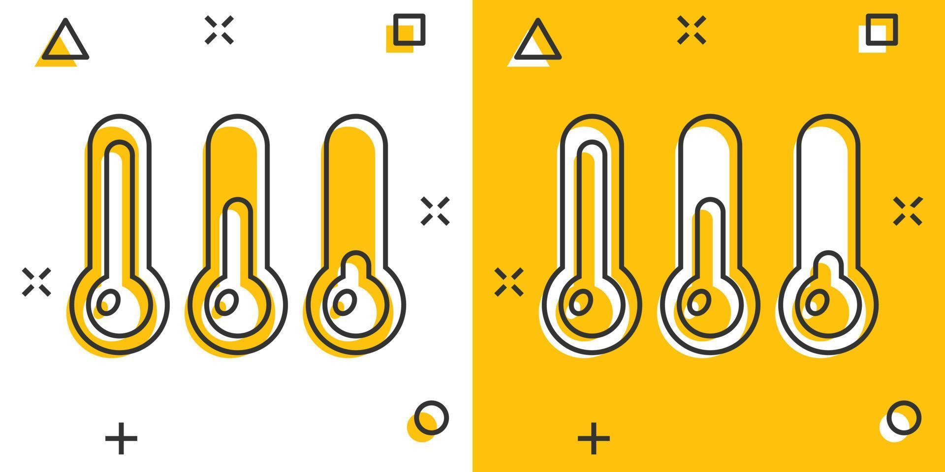 vettore termometro icona nel comico stile. obbiettivo cartello illustrazione pittogramma. termometro attività commerciale spruzzo effetto concetto.