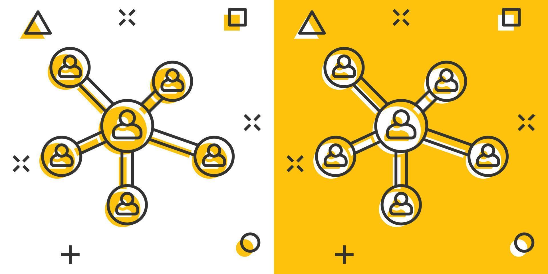 vettore cartone animato sociale Rete icona nel comico stile. persone connessione cartello illustrazione pittogramma. Rete attività commerciale spruzzo effetto concetto.