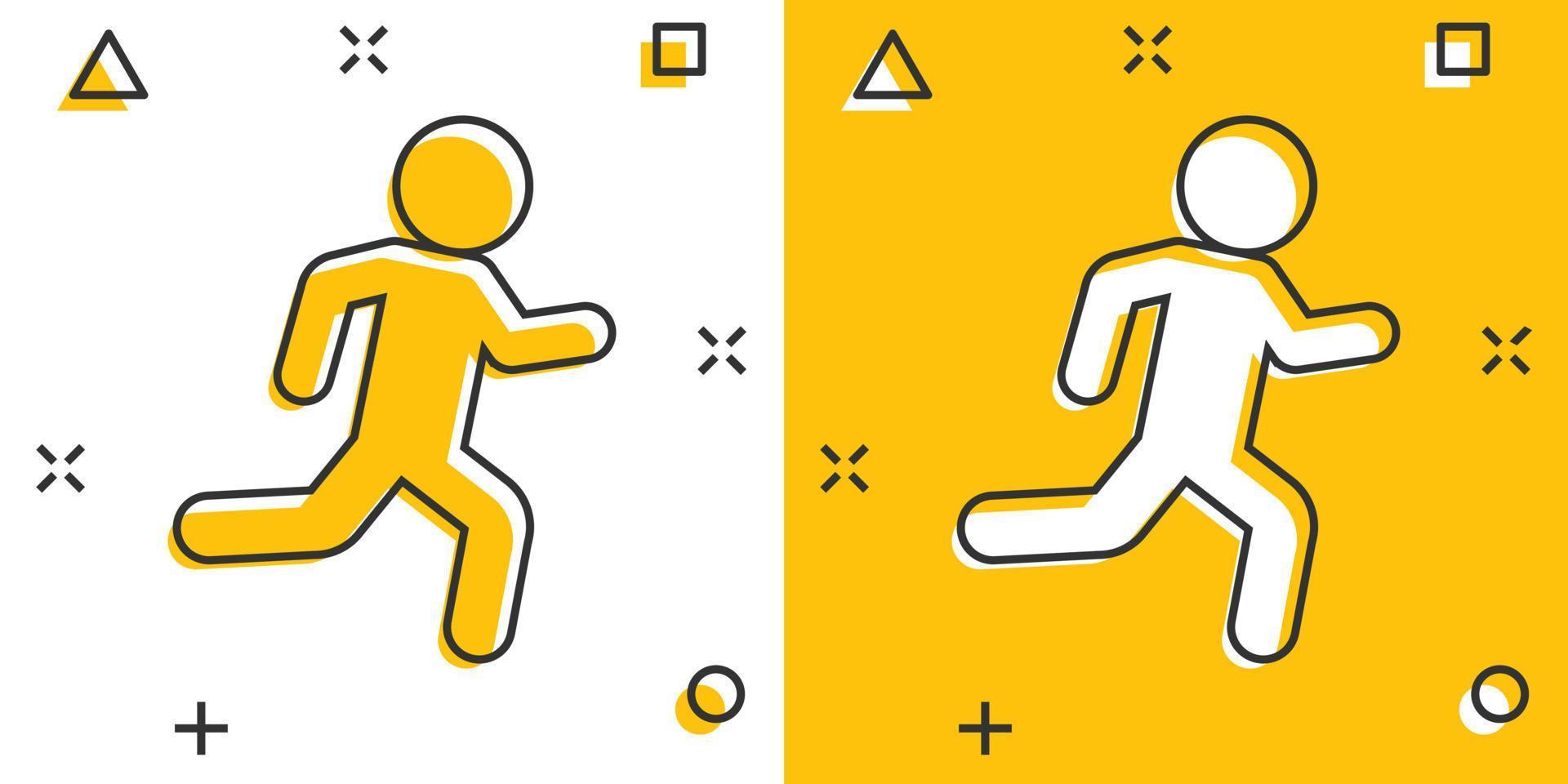 in esecuzione persone cartello icona nel comico stile. correre silhouette vettore cartone animato illustrazione su bianca isolato sfondo. movimento jogging attività commerciale concetto spruzzo effetto.