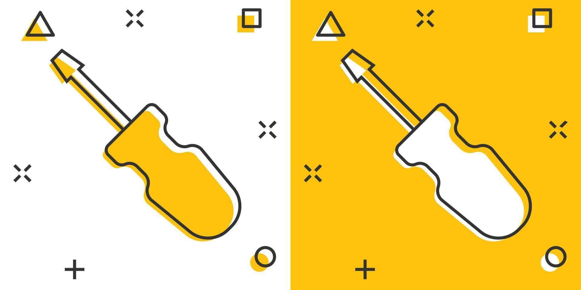 vettore cartone animato Cacciavite icona nel comico stile. riparazione attrezzo cartello illustrazione pittogramma. Cacciavite attività commerciale spruzzo effetto concetto.