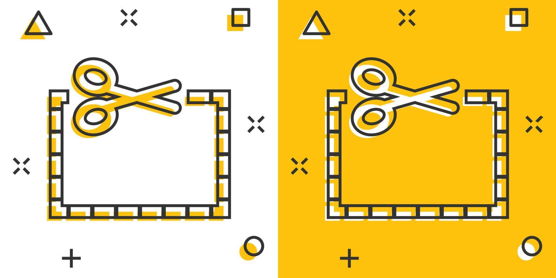 buono tagliare Linee icona nel comico stile. forbici tagliare cartone animato cartello vettore illustrazione su bianca isolato sfondo. vendita etichetta spruzzo effetto attività commerciale concetto.