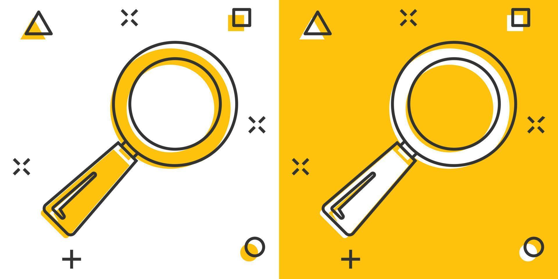 vettore cartone animato lente di ingrandimento icona nel comico stile. lente d'ingrandimento cartello illustrazione pittogramma. ricerca attività commerciale spruzzo effetto concetto.