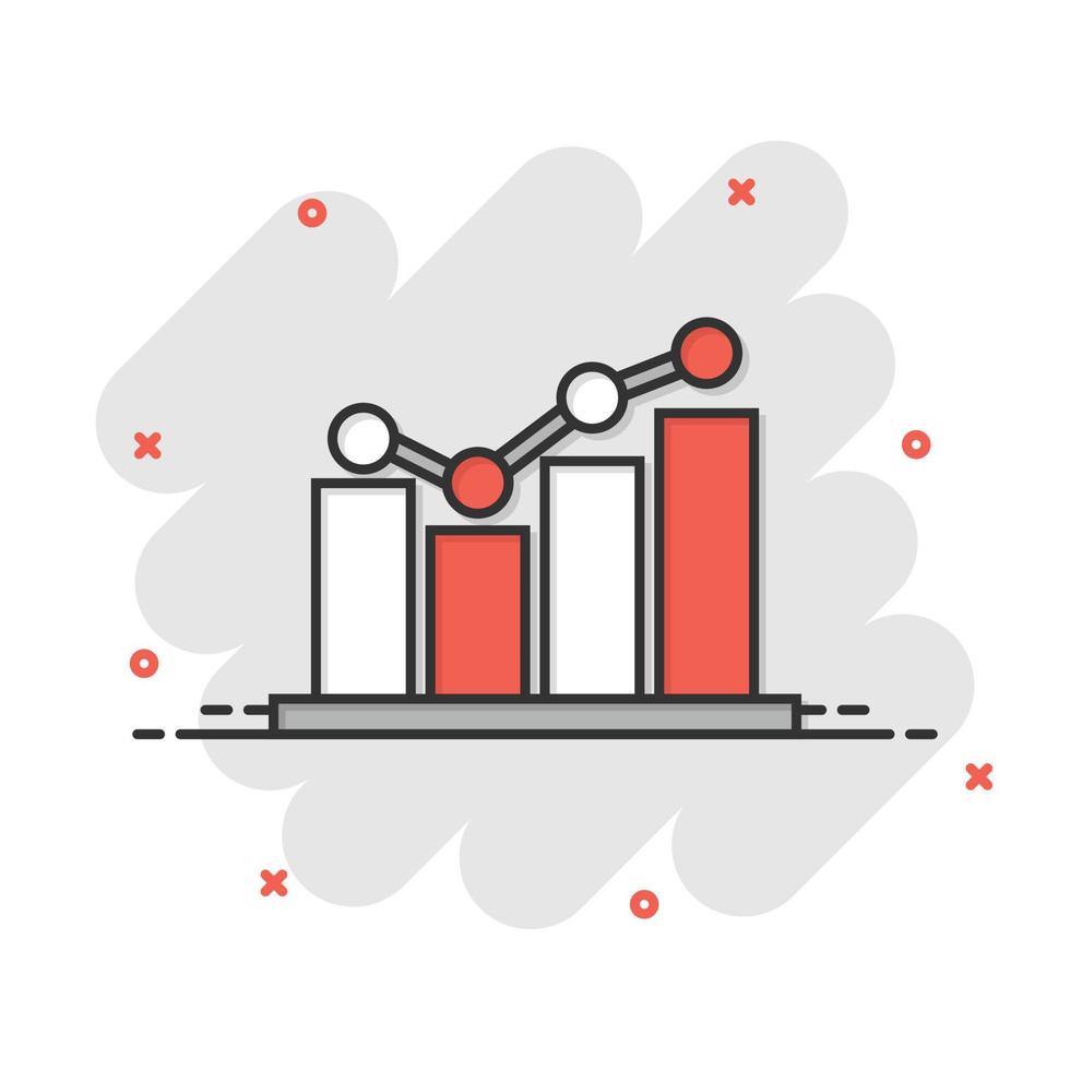 in crescita bar grafico icona nel comico stile. aumentare freccia cartone animato vettore illustrazione su bianca sfondo. Infografica progresso spruzzo effetto attività commerciale concetto.