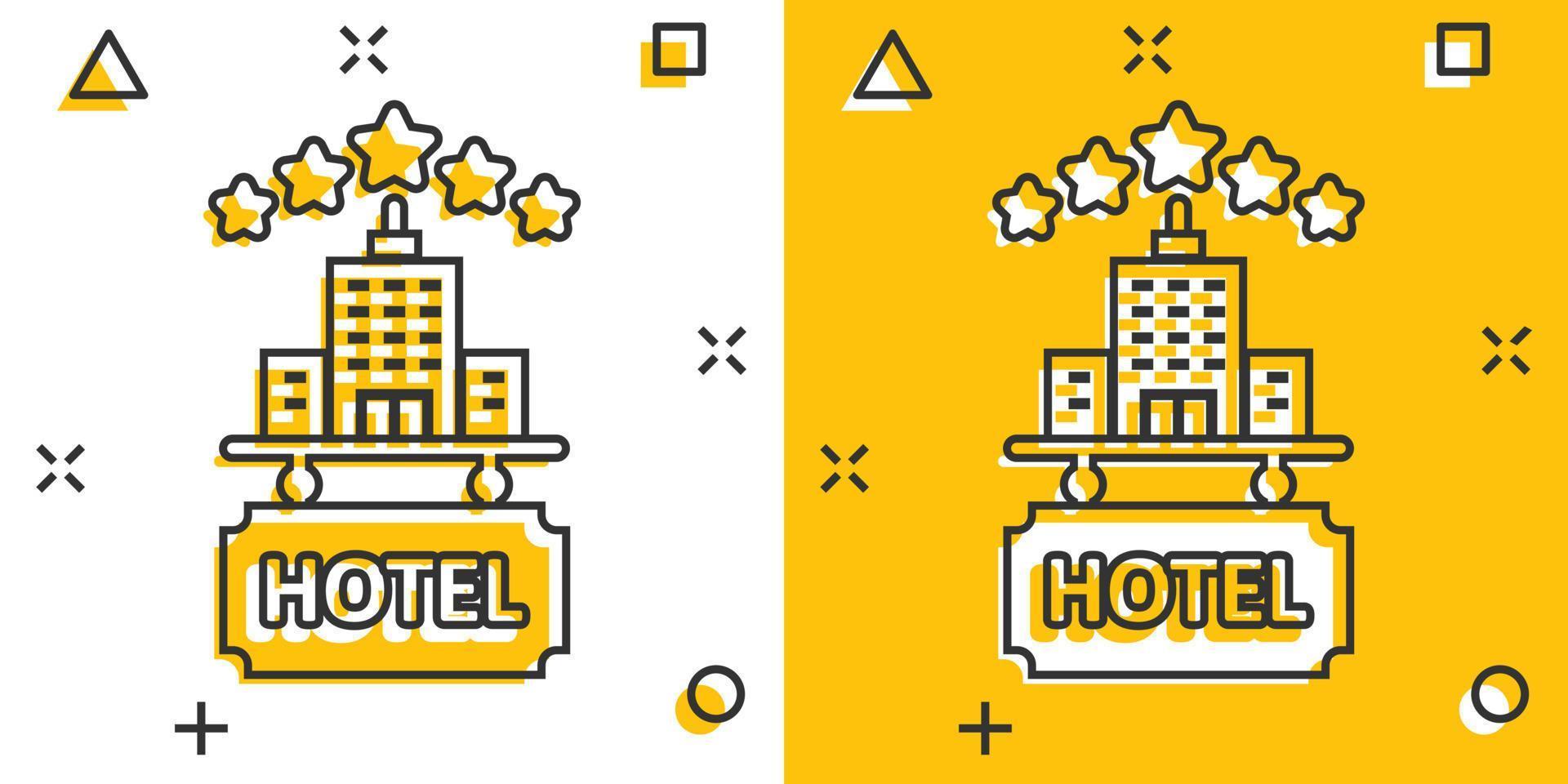 Hotel 3 stelle cartello icona nel comico stile. Locanda edificio cartone animato vettore illustrazione su bianca isolato sfondo. ostello camera spruzzo effetto attività commerciale concetto.