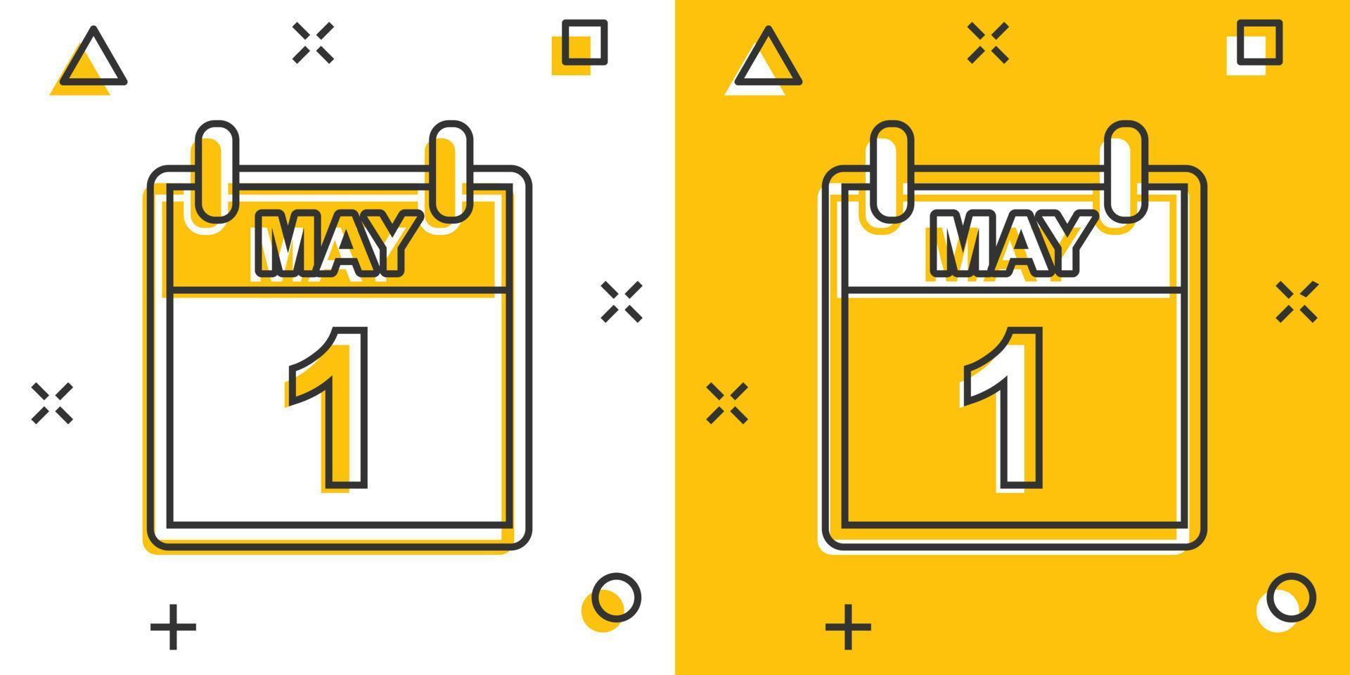 vettore cartone animato Maggio 1 calendario icona nel comico stile. calendario cartello illustrazione pittogramma. lavoro duro e faticoso giorno ordine del giorno attività commerciale spruzzo effetto concetto.