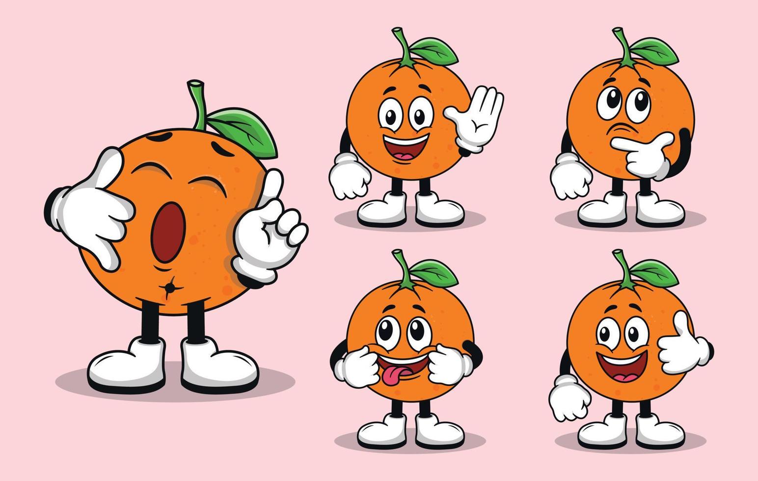 carino arancia frutta portafortuna con vario tipi di espressioni impostato collezione vettore
