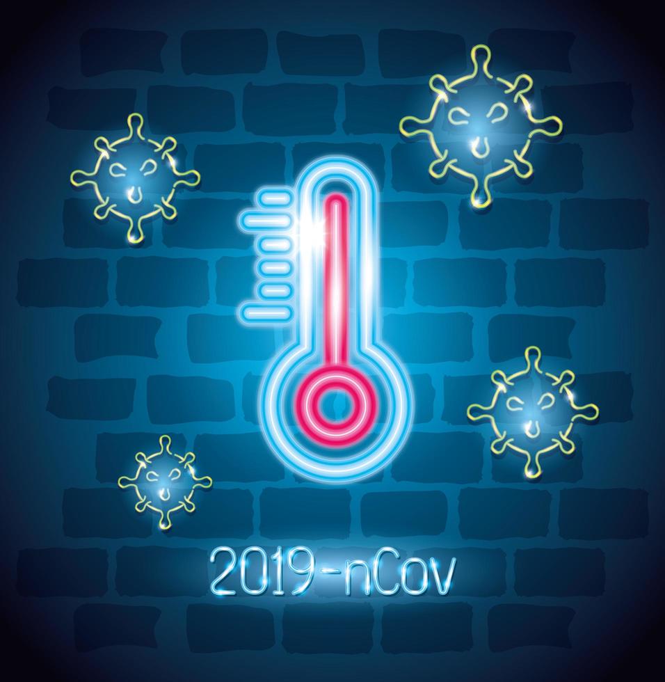 simbolo luce al neon covid 19 coronavirus, con termometro, pericolosa pandemia di coronavirus scoppio luce al neon incandescente vettore
