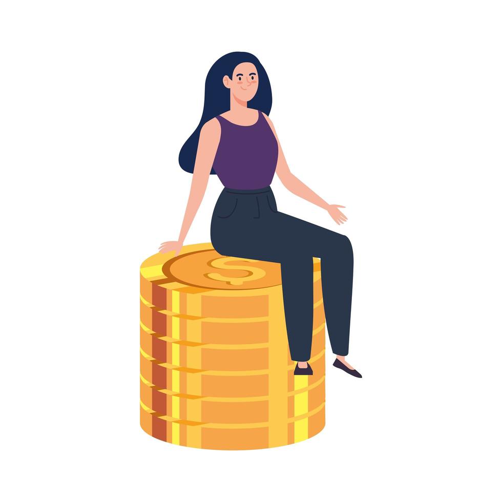 mucchio di monete con la donna seduta isolato su sfondo bianco vettore