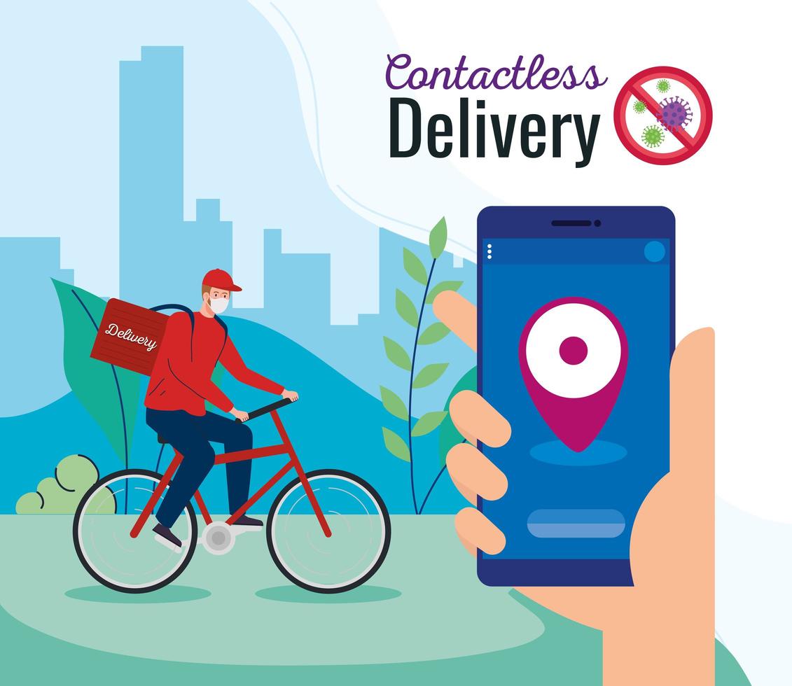 corriere di consegna contactless sicuro di covid 19, stare a casa, ordinare merci online tramite smartphone vettore