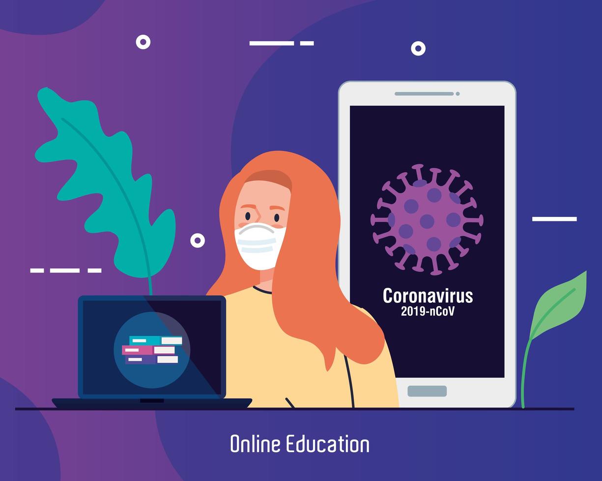 consigli di formazione online per fermare la diffusione del coronavirus covid-19, l'apprendimento online, studentessa con laptop e smartphone vettore