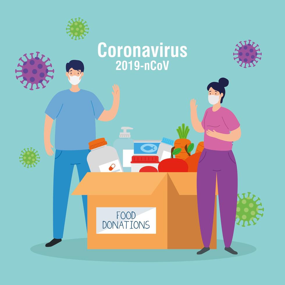 coppia con scatola di cartone donazione cibo, assistenza sociale, durante coronavirus 2019 ncov vettore