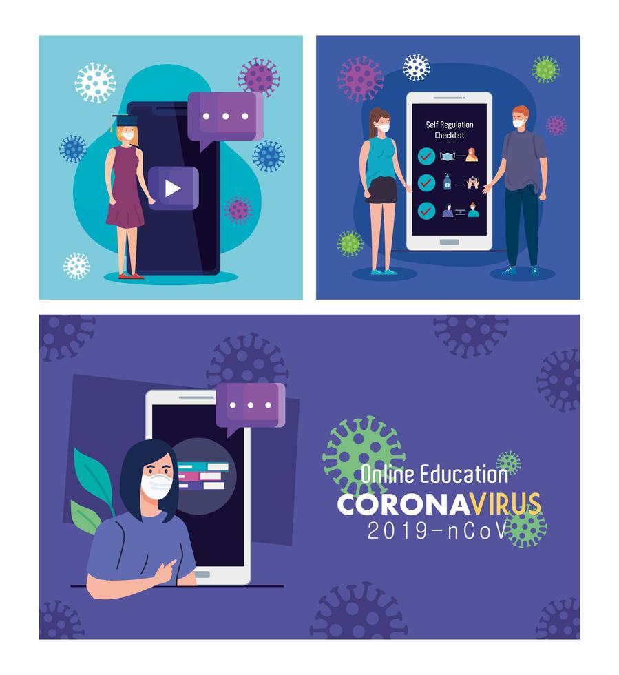 set scene, istruzione online per fermare la diffusione del coronavirus covid-19, apprendimento del concetto online vettore