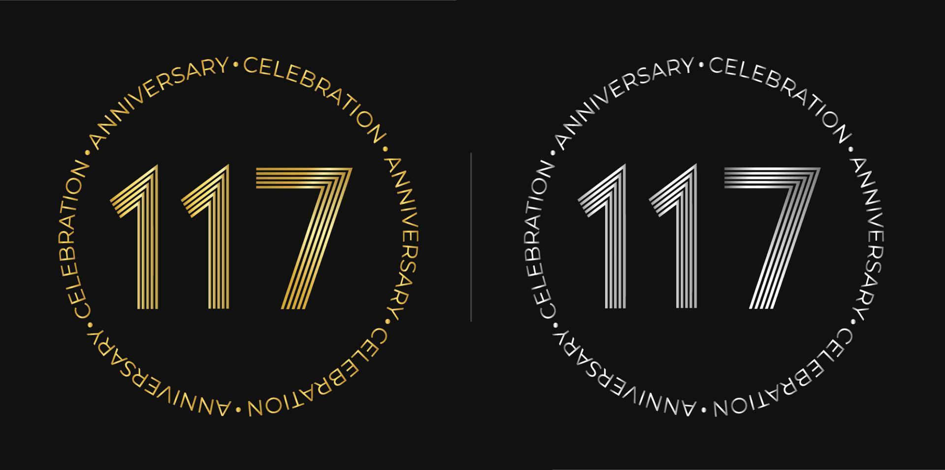 117° compleanno. uno centinaio e diciassette anni anniversario celebrazione bandiera nel d'oro e argento colori. circolare logo con originale numeri design nel elegante Linee. vettore