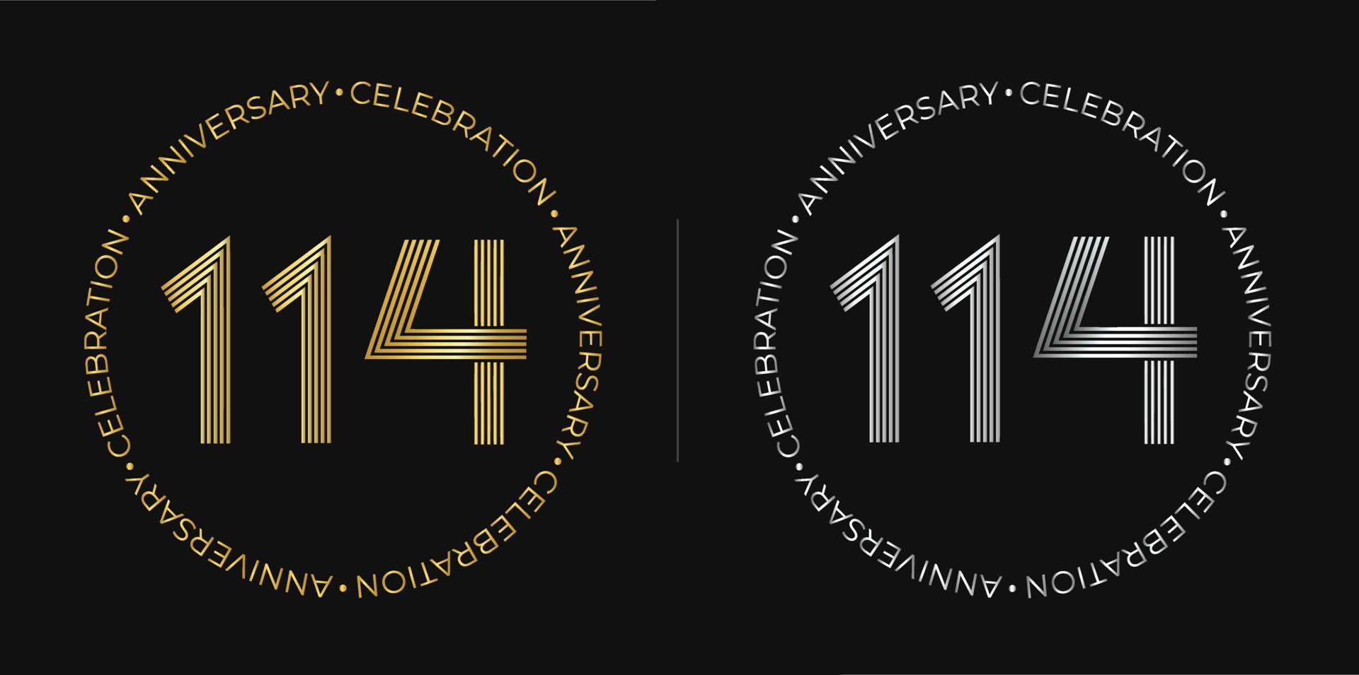 114° compleanno. uno centinaio e quattordici anni anniversario celebrazione bandiera nel d'oro e argento colori. circolare logo con originale numeri design nel elegante Linee. vettore