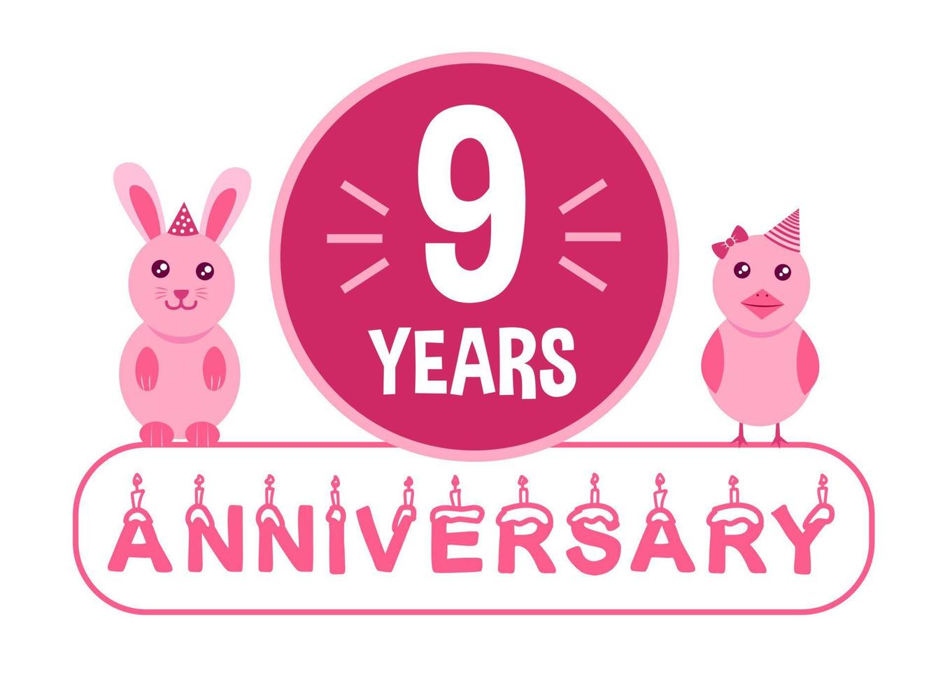 9 ° compleanno. nove anni anniversario celebrazione bandiera con rosa animali tema per bambini. vettore