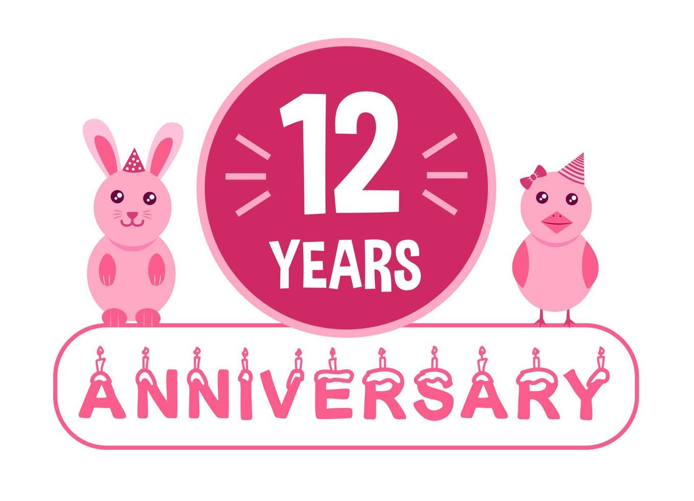 12 ° compleanno. dodici anni anniversario celebrazione bandiera tema con rosa animali per bambini. vettore