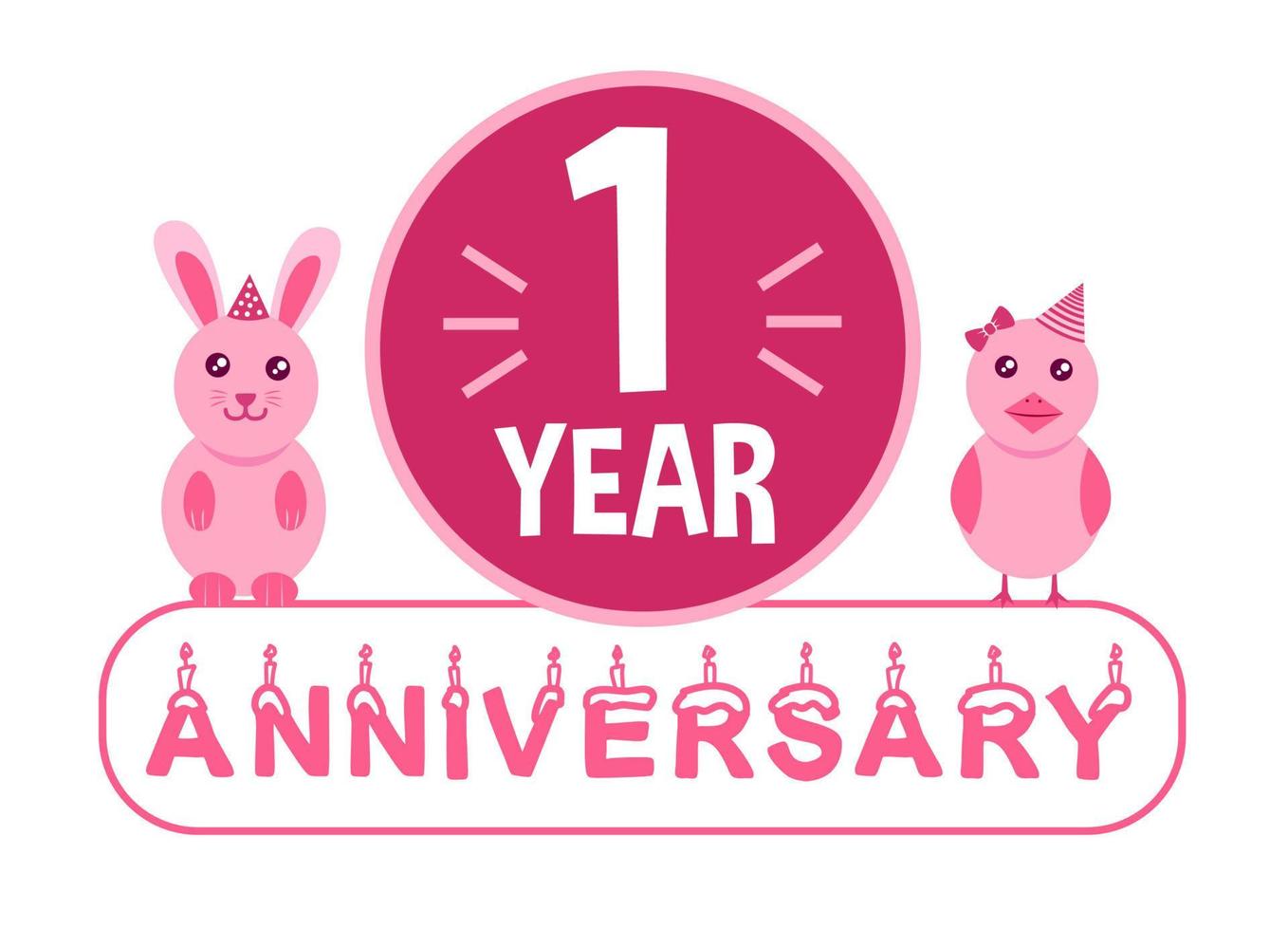 1 ° compleanno. uno anno anniversario celebrazione bandiera con rosa animali tema per bambini. vettore