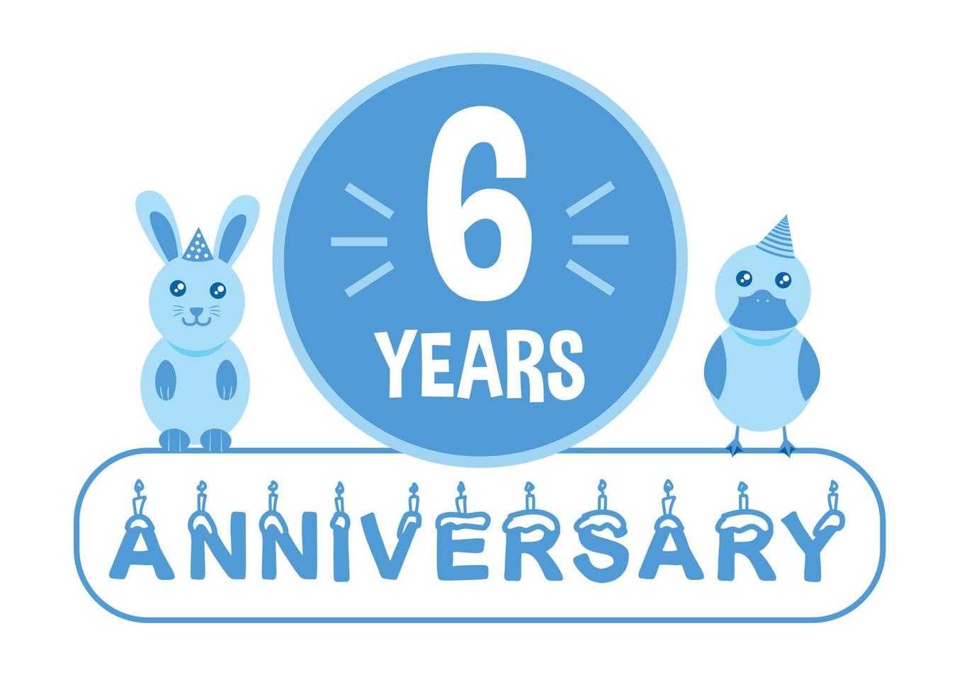 6 ° compleanno. sei anni anniversario celebrazione bandiera con blu animali tema per bambini. vettore