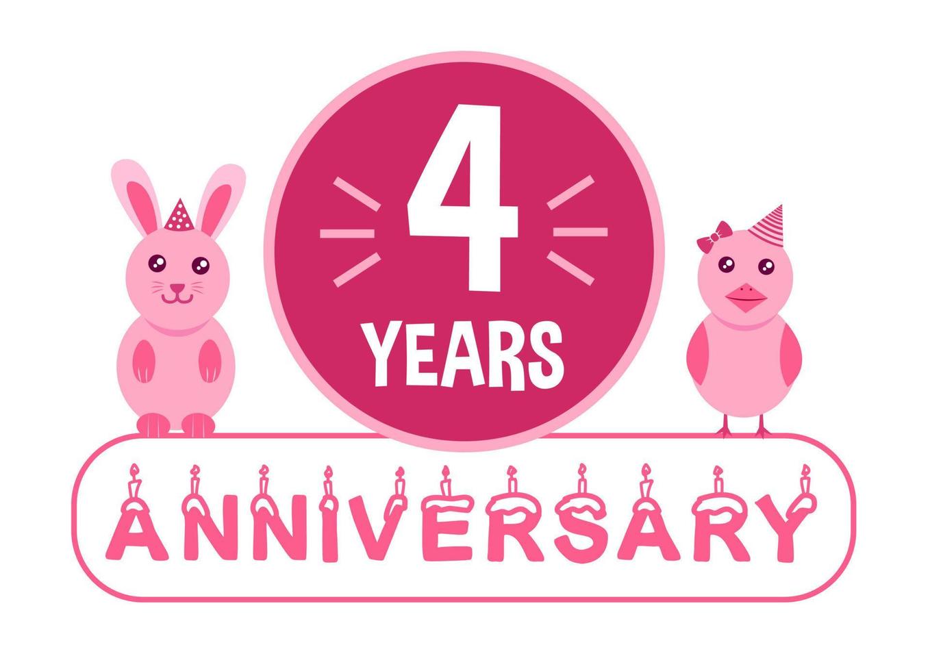 4° compleanno. quattro anni anniversario celebrazione bandiera con rosa animali tema per bambini. vettore