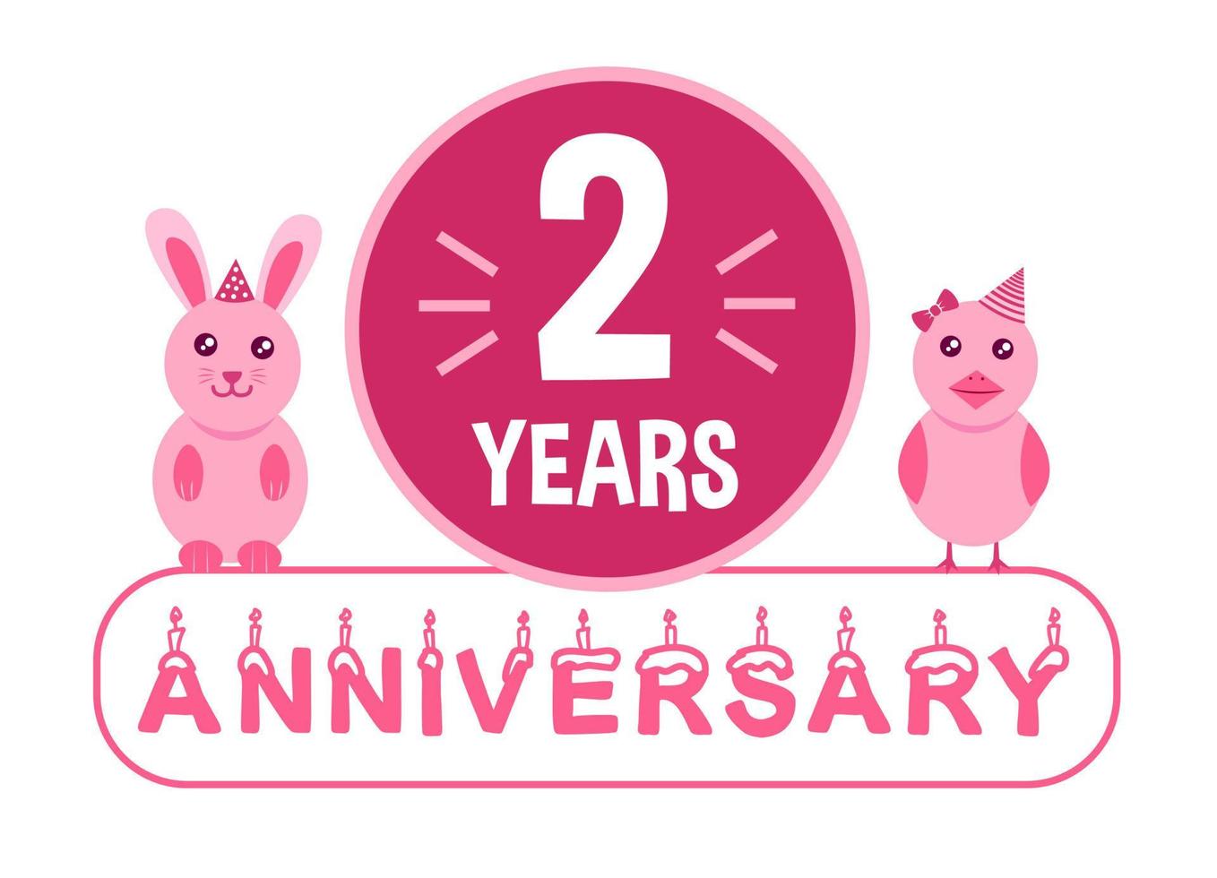 2 ° compleanno. Due anni anniversario celebrazione bandiera con rosa animali tema per bambini. vettore