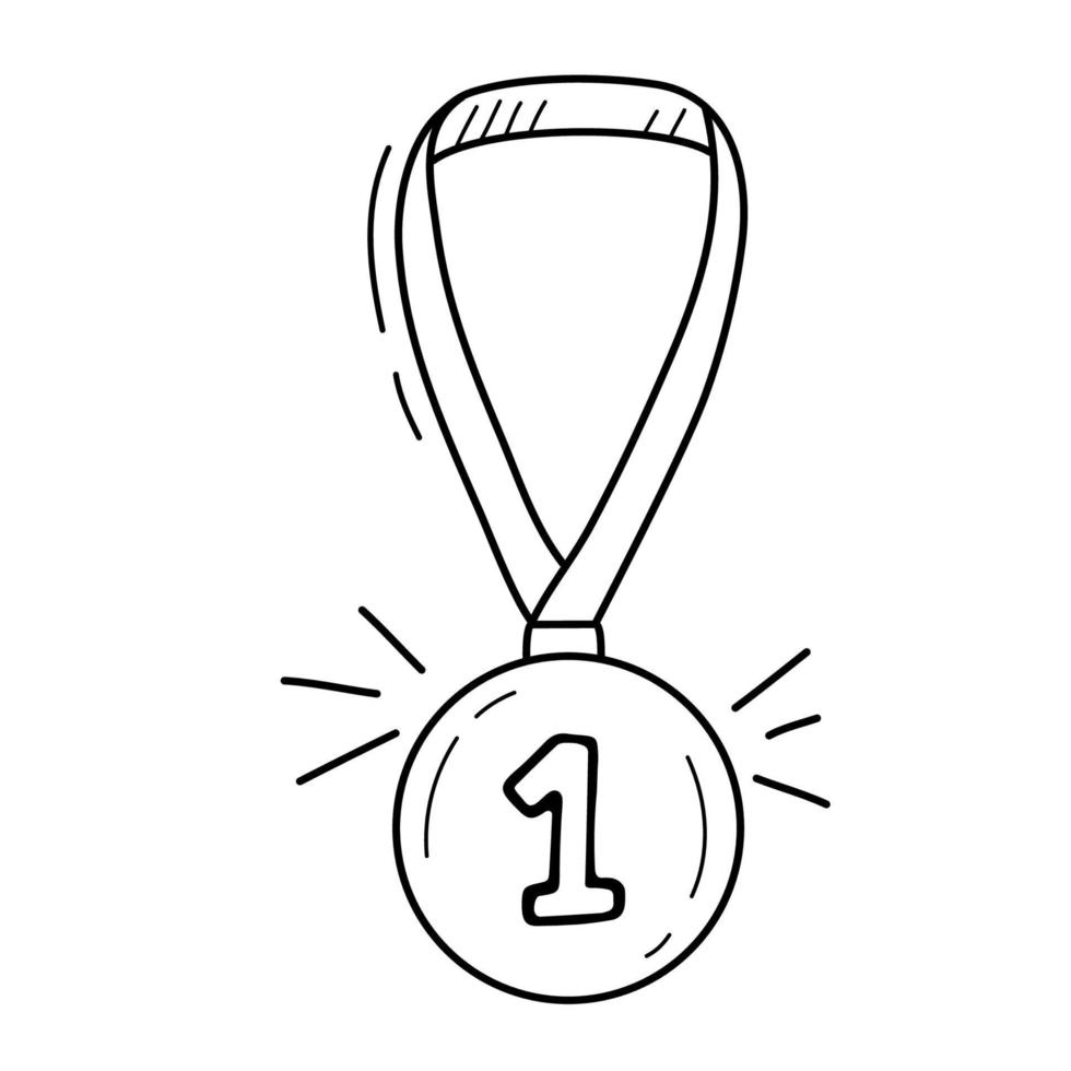 mano disegnato medaglia per 1 ° posto nel gli sport. schizzo scarabocchio vettore illustrazione isolato su un' bianca.