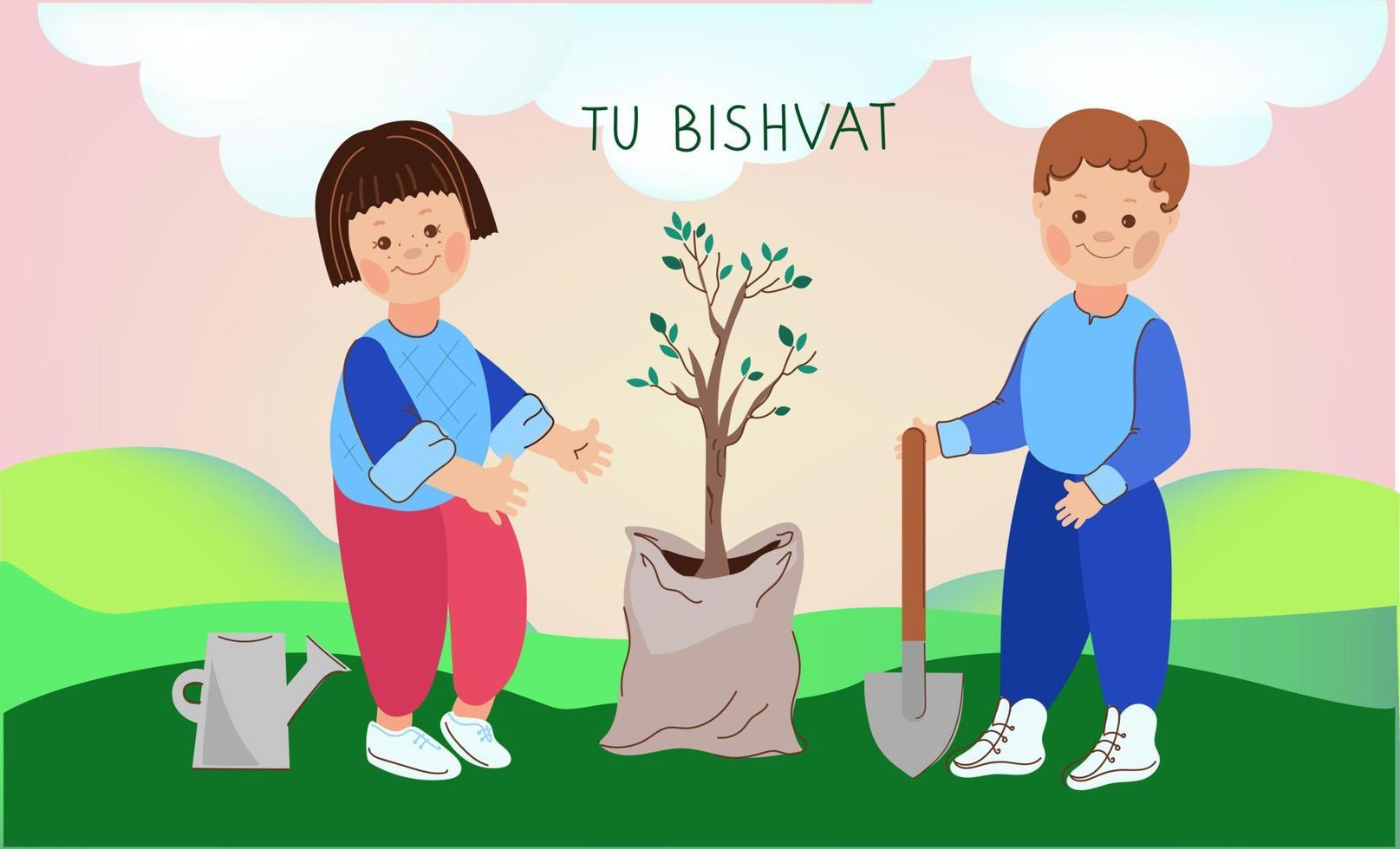 bambini con alberelli per pianta .tu bishvat. ebraico vacanza.nuovo anno per alberi. vettore cartone animato scarabocchio illustrazione.