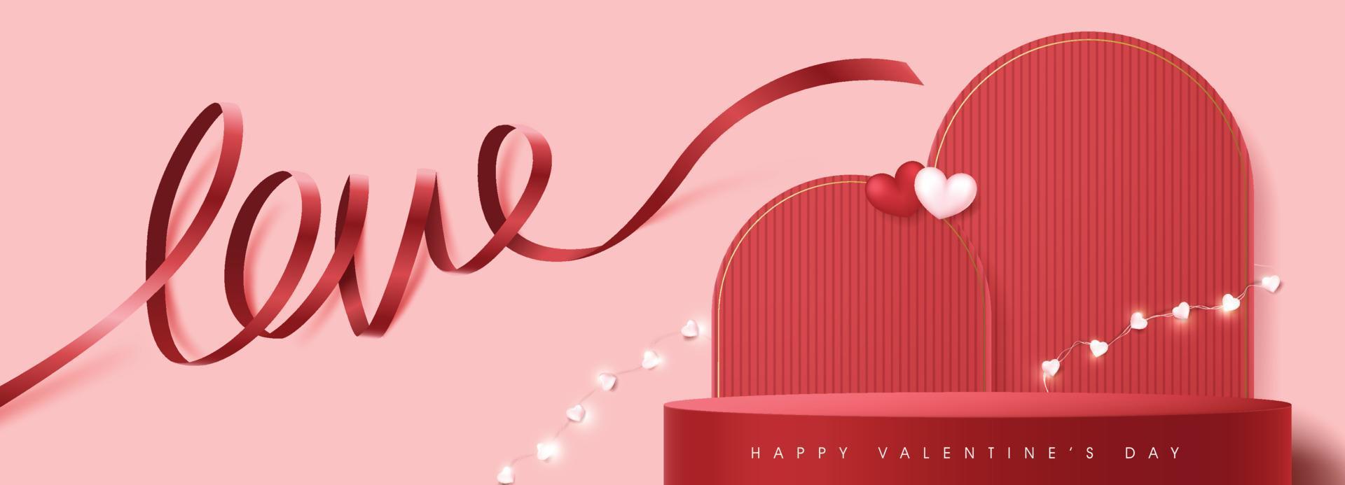 San Valentino giorno vendita bandiera sfondo con Prodotto tavolo Schermo e festivo decorazione per San Valentino giorno e amore parola nastro lettering vettore