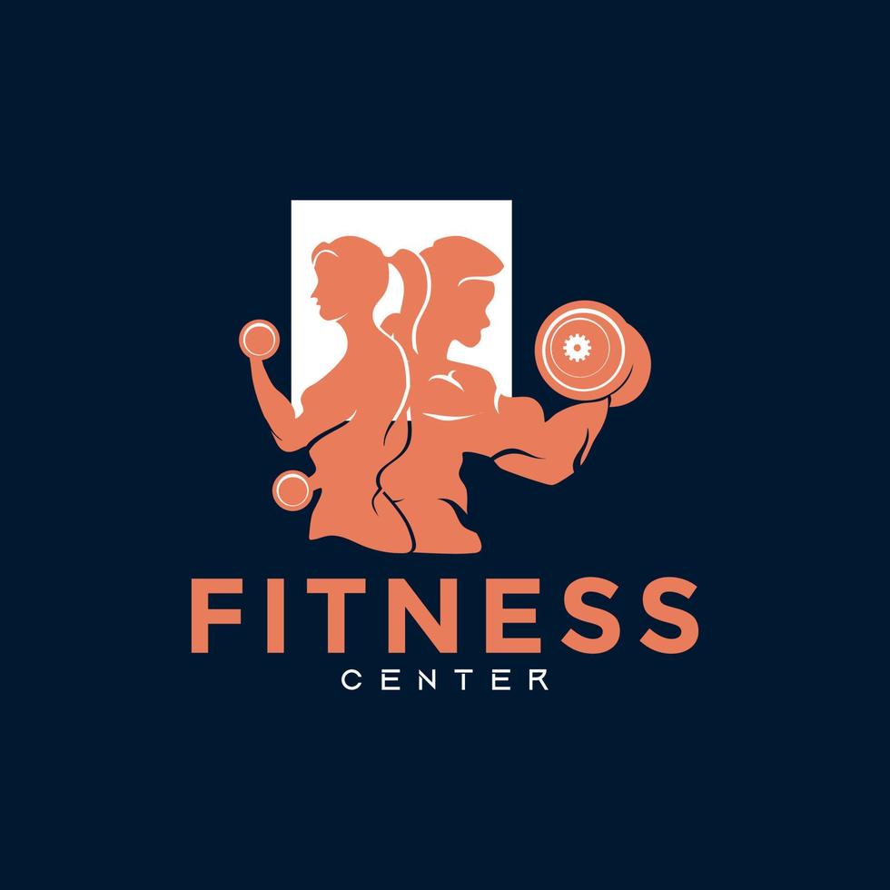fitness centro logo. sport e fitness logo design. Palestra logo icona design vettore scorta, o emblema con donna e uomo silhouette. donna e uomo Tenere manubri.