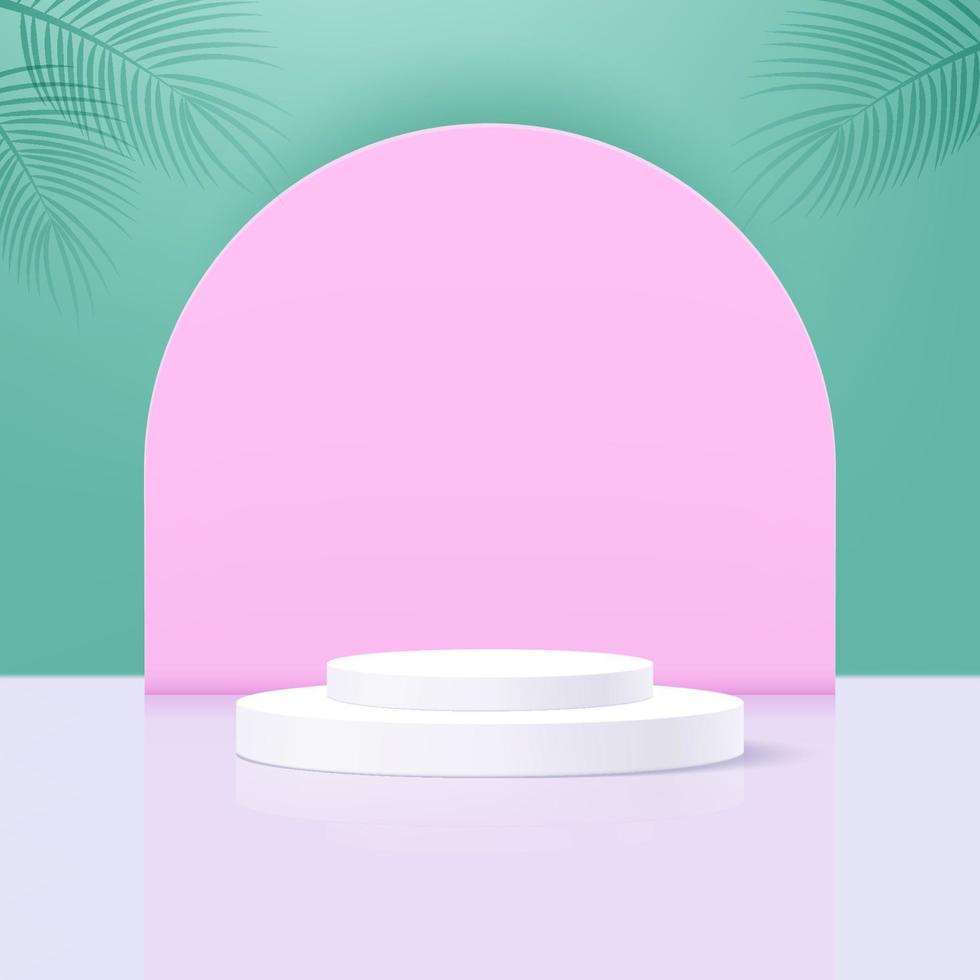 pila di 2 bianca cilindro piedistallo podio con rosa e verde sfondo, piattaforma scena per Prodotto Schermo o vetrina, 3d realistico cerchio palcoscenico sfondo. vettore