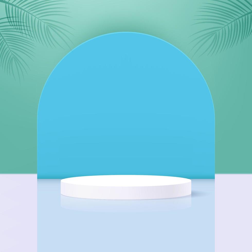 bianca cilindro piedistallo podio con blu e verde sfondo, piattaforma scena per Prodotto Schermo o vetrina, 3d realistico cerchio palcoscenico sfondo. vettore
