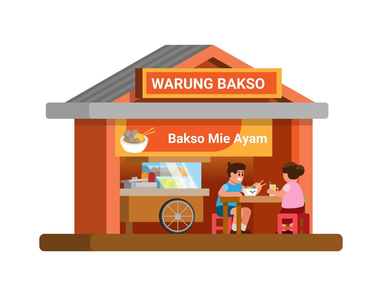 warung bakso mie ayam alias polpetta e pollo spaghetto ristorante strada cibo edificio piatto cartone animato illustrazione vettore