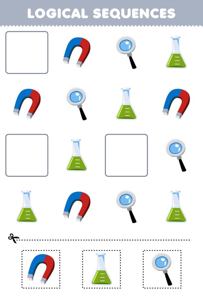 formazione scolastica gioco per bambini logico sequenze per bambini con carino cartone animato magnete coppa lente d'ingrandimento stampabile attrezzo foglio di lavoro vettore