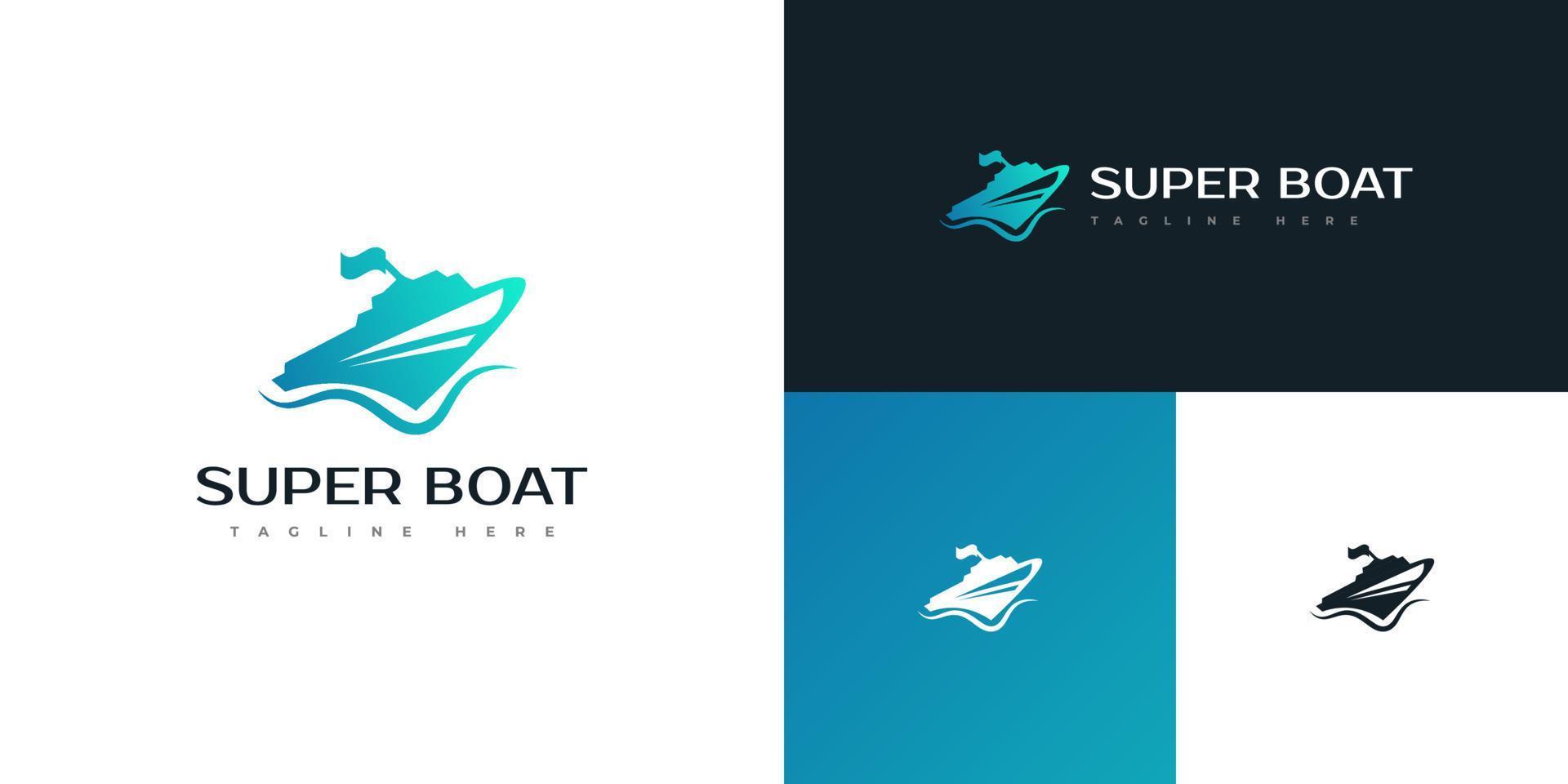 moderno blu velocità barca logo design con bandiera. crociera, nave, o yacht logo vettore