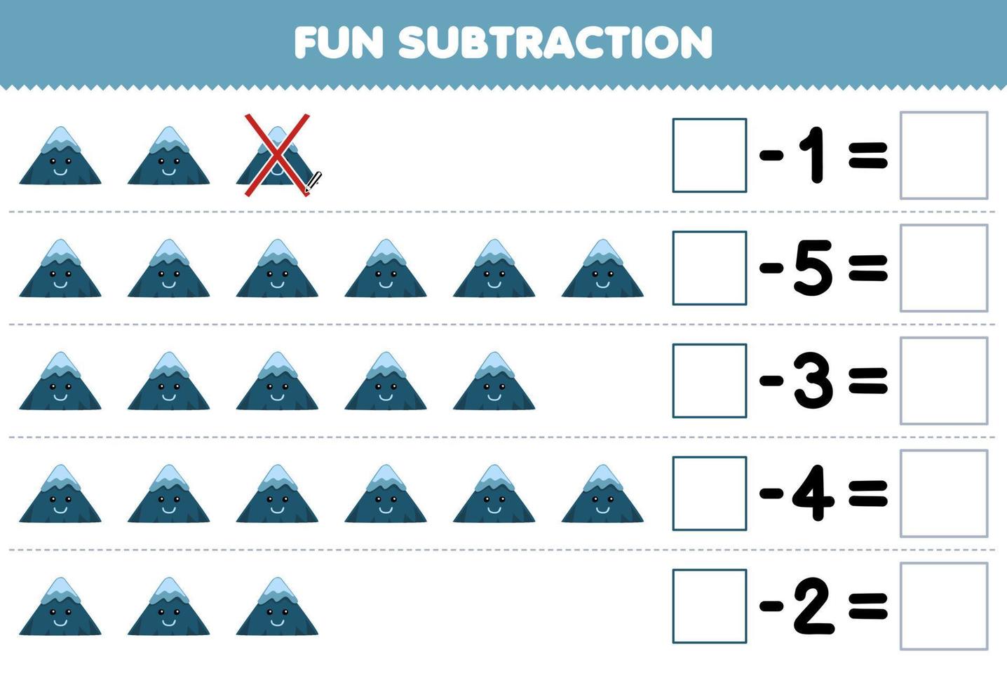 formazione scolastica gioco per bambini divertimento sottrazione di conteggio carino cartone animato montagna ogni riga e eliminando esso stampabile natura foglio di lavoro vettore