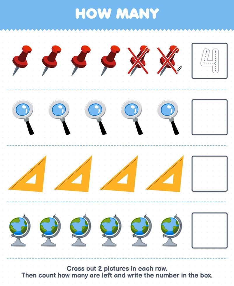 formazione scolastica gioco per bambini contare Come molti carino cartone animato perno lente d'ingrandimento righello globo e Scrivi il numero nel il scatola stampabile attrezzo foglio di lavoro vettore