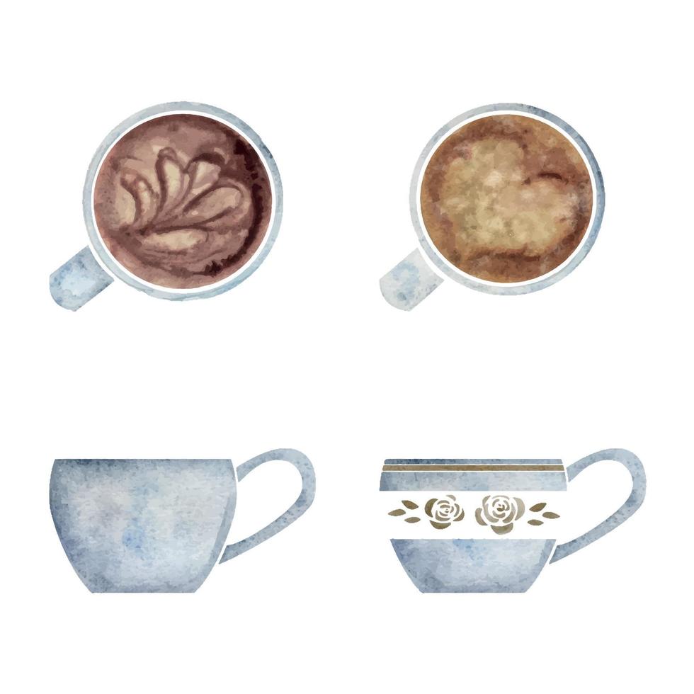 acquerello mano disegnato impostato di oggetti. capuccino caffè tazze, porcellana e oro, superiore e lato Visualizza. isolato su bianca sfondo. per inviti, bar, ristorante cibo menù, Stampa, sito web, carte vettore