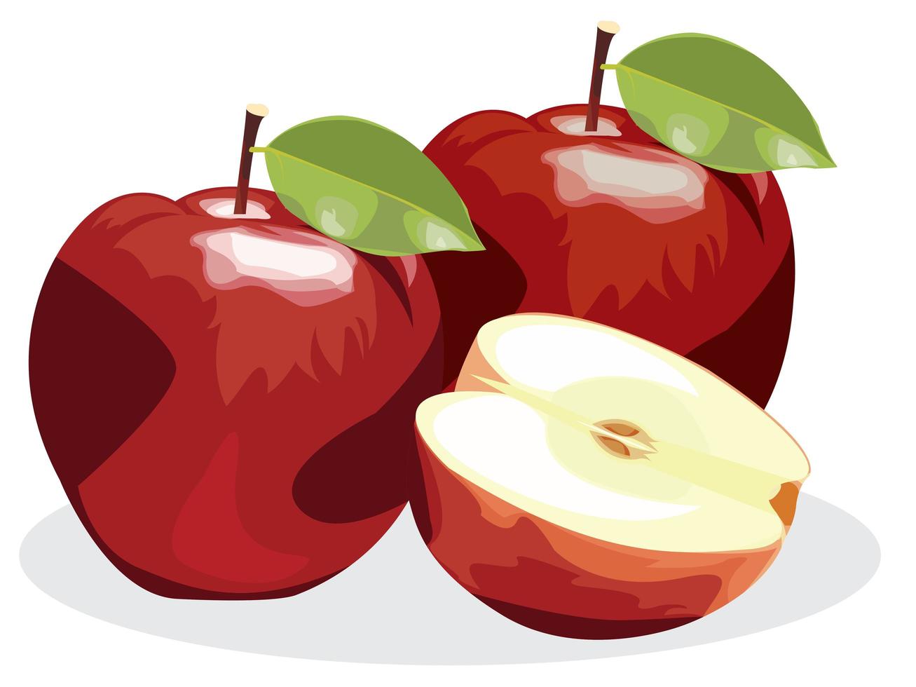 frutta matura mela rossa con metà mela e foglia di mela verde isolato su sfondo bianco. vettore