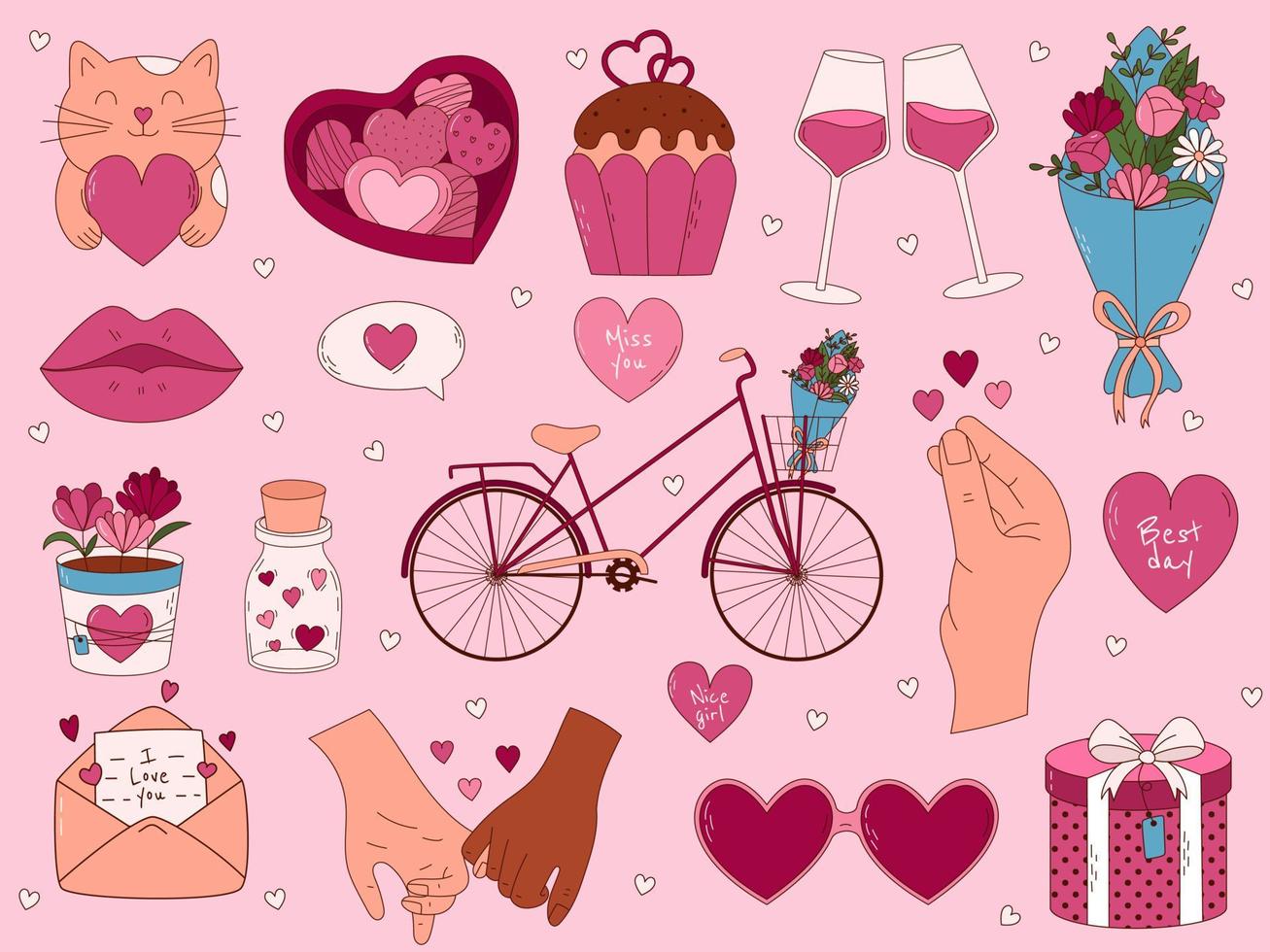 San Valentino giorno mano disegnato elementi per manifesti, saluto carte, banner e inviti. grande impostato di cuore, dolci, caffè, cupcake, chiave, caramella, lettera, diamante, fiore, regalo, Palloncino, bacio vettore