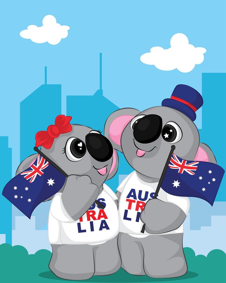 coppia simpatico cartone animato di orsi koala in città. 26 gennaio poster di happy australia day. vettore